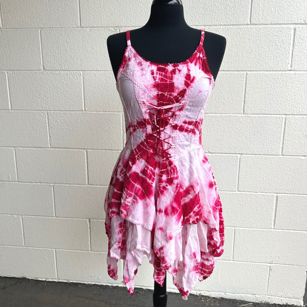 Y2K Pink Tie Dye Whimsical Fairy Dress Festival Asymmetrical Flowy Corset Tie
